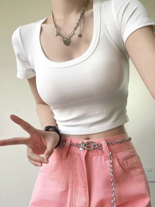 [In Stock] Short, Slim Fit, Cropped, Off-Shoulder Short-Sleeve T-Shirt for Women, Sexy and Alluring, Wide Neckline, Suitable for Layering, U-Neck