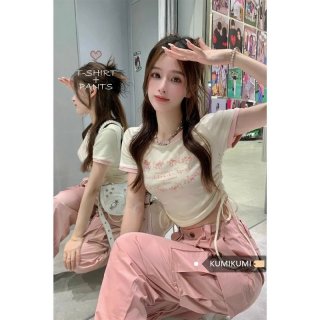 [Real Price] Sweet and Spicy Style Cropped Short-Sleeve T-Shirt for Women, Summer Design, Drawstring, Slim Fit, Short Top