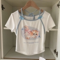 Official photos and actual price: Cute cat-themed bow tie-up short-sleeved t-shirt for girls.