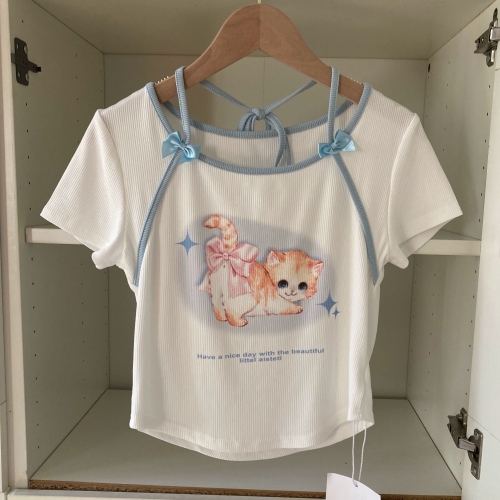 Official photos and actual price: Cute cat-themed bow tie-up short-sleeved t-shirt for girls.