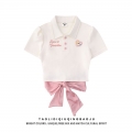 Official photos and actual price: Women's summer sweet style short-sleeved POLO collar T-shirt with bow tie, soft and cute short design.