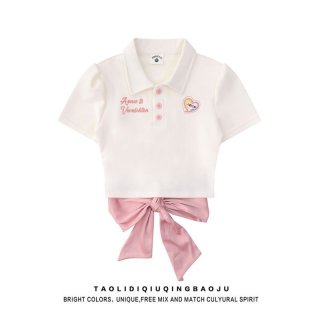 Official photos and actual price: Women's summer sweet style short-sleeved POLO collar T-shirt with bow tie, soft and cute short design.