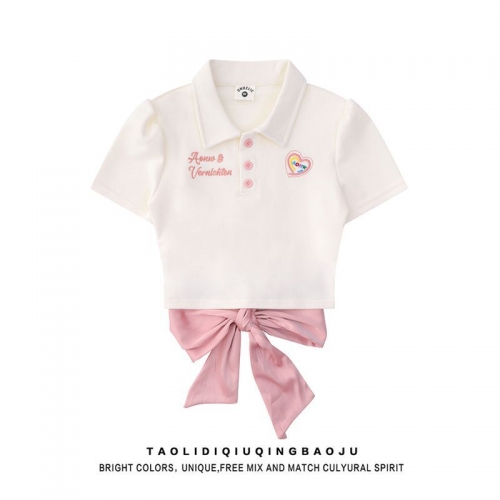 Official photos and actual price: Women's summer sweet style short-sleeved POLO collar T-shirt with bow tie, soft and cute short design.