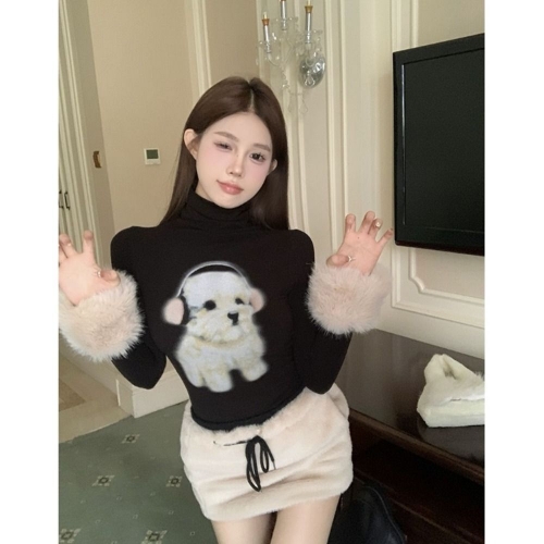 MR [Original Style Plush Cuffs] High-Neck Puppy Long-Sleeve Plush Cuffs Autumn/Winter Inner Wear Straight Shoulder