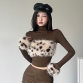 MR [Original Quality] Stylish Leopard Print Fur Trim Chest-Shaped T-Shirt for Women, Slim Fit, High Neck, Long Sleeve