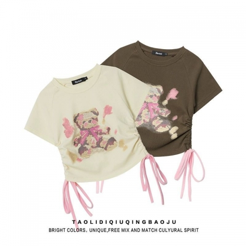 Sweet Bear Print Short-Sleeve T-Shirt with Off-Shoulder Design, Unique and Slim Fit, Drawstring Short Top for Summer