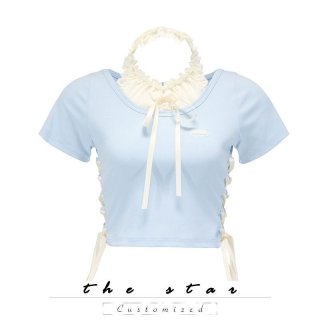 Summer Dopamine Outfit: Sweet and Spicy Baby Blue Patchwork Top with Halter Neck Tie and Bow - Short Sleeve T-Shirt