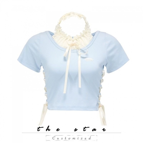 Summer Dopamine Outfit: Sweet and Spicy Baby Blue Patchwork Top with Halter Neck Tie and Bow - Short Sleeve T-Shirt