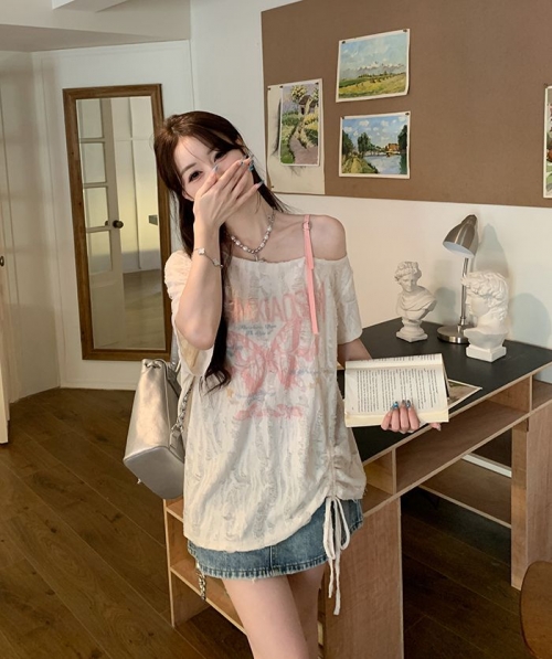 MR Original Fabric [Shipped] Printed Letter Off-Shoulder Sunscreen Loose Fit Women's Top, New Style