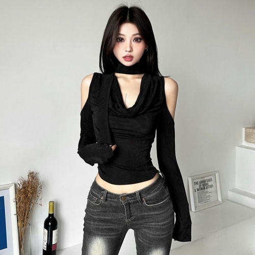 MR [Original Recipe] Hot Girl Off-Shoulder V-Neck Hollow-Out Slim Fit Versatile Long-Sleeve T-Shirt Black Slimming Top