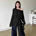 MR Minimalist Solid Color Lazy Off-Shoulder Long Sleeve T-Shirt with Sexy Tie-Up Ruffles and Slightly Sheer Sun Protection Cover-Up Top