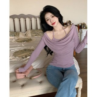 MR [Original Recipe] Faux Two-Piece Halter Neck Long-Sleeve T-Shirt Women's Autumn Base Layer Slimming and Concealing Hot Girl Style