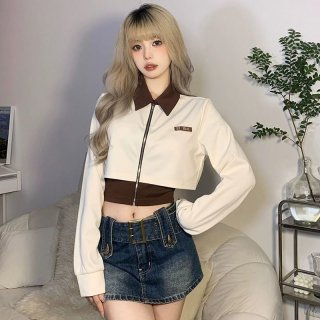 MR [Original Fabric] Retro Color Block Design Short Jacket for Women, Slimming and Versatile Long-Sleeved Top for Spring and Autumn