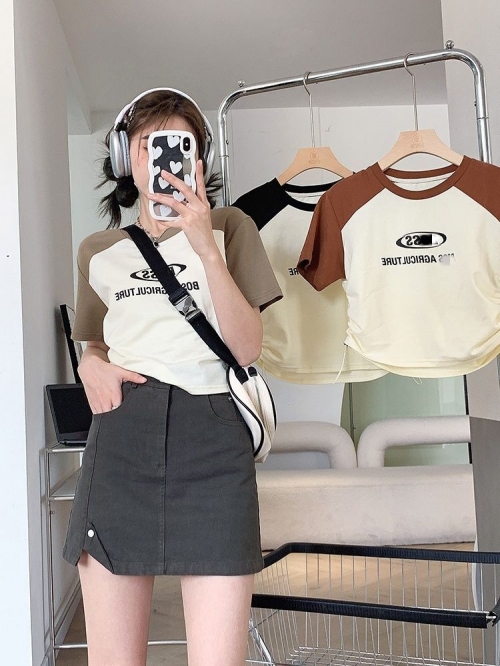 American retro style T-shirt for women, new summer print, raglan sleeve, round neck, crop top, short sleeve top.