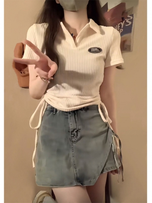 Official photos and actual price: Women's summer polo collar short-sleeved T-shirt with drawstring design, slim fit, lettering, sexy style.