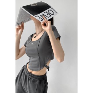 [Real Price] Retro Sexy Style Curved Waist Tie-Waist Short Top for Women, Slim Fit, Fishbone Fit T-Shirt
