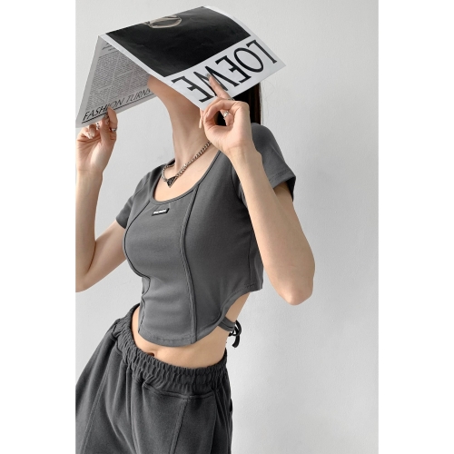 [Real Price] Retro Sexy Style Curved Waist Tie-Waist Short Top for Women, Slim Fit, Fishbone Fit T-Shirt