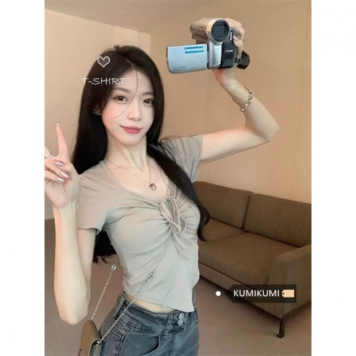 [In Stock] Sweet and Spicy Slim Fit Short-Sleeve T-Shirt for Women, Summer Style, Unique Design, Square Neck, Drawstring, Straight Shoulder, Short Fit