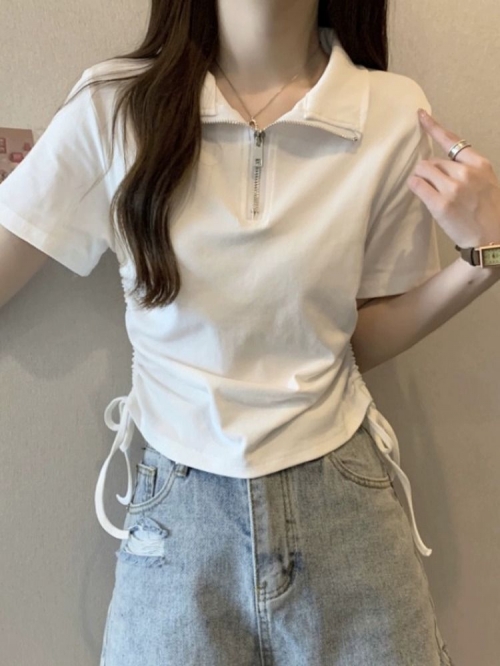 [In Stock] Women's Polo Collar Zipper Drawstring Short Sleeve T-Shirt, Slimming Korean Style, Versatile Short Top