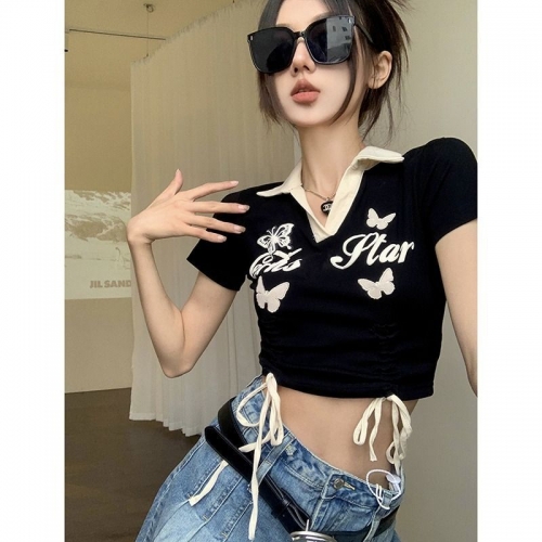 Official photos and actual price: Polo collar color-blocked short-sleeved T-shirt for women, summer retro hot girl style, embroidered print, drawstring short sleeves.