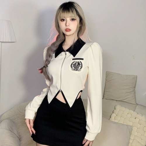[In Stock] European and American style color-blocked polo collar shirt, 2023 trendy cropped zipper design
