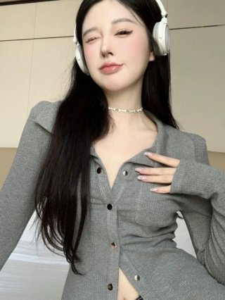 MR Imitation Cotton Ribbed Polo Neck Short Women's Early Autumn Thin Gray Long Sleeve Sexy Slim Fit MR Imitation Cotton Ribbed Polo Neck Short Women's Early Autumn Thin Gray Long Sleeve Sexy Slim Fit