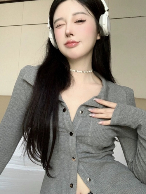 MR Imitation Cotton Ribbed Polo Neck Short Women's Early Autumn Thin Gray Long Sleeve Sexy Slim Fit MR Imitation Cotton Ribbed Polo Neck Short Women's Early Autumn Thin Gray Long Sleeve Sexy Slim Fit