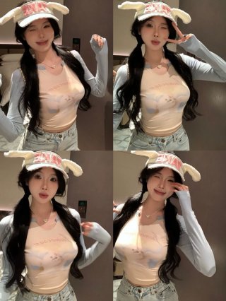 Pure and alluring color-blocked V-neck cat print T-shirt for women, summer design, sweet and spicy, slim fit, short raglan sleeves.