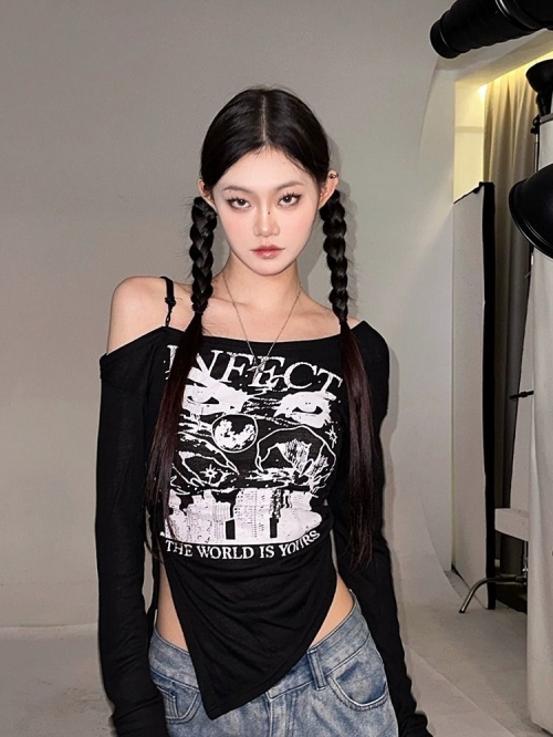 MR in-stock fashionable loose design versatile retro sexy off-shoulder thin long-sleeved T-shirt
