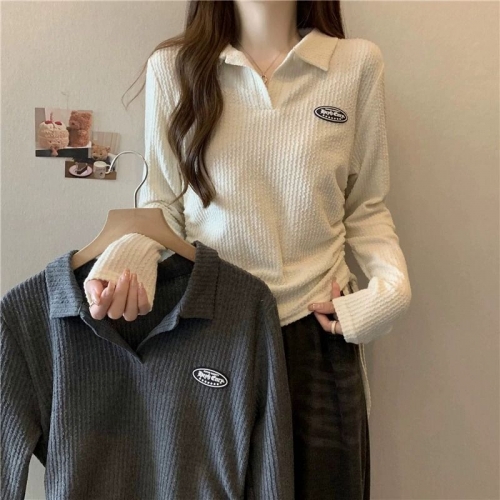 MR Plus Size Polo Neck Long Sleeve T-Shirt for Autumn, Women's Clothing, Drawstring Short Design