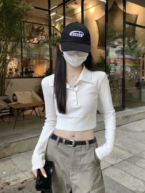 MR has shipped the hot and cool high-waisted cropped long-sleeved T-shirt for women, Korean style, slim fit.