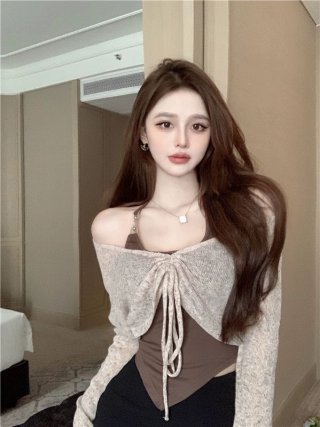 Hot Girl Drawstring Knitted Cover-up Women's Spring 2023 New Style Long Sleeve Slim Fit Short Jacket Top Hot Girl Drawstring Knitted Cover-up Women's Spring 2023 New Style Long Sleeve Slim Fit Short Jacket Top