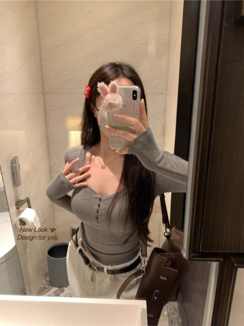 MR In Stock Pure Pink Long-Sleeve T-Shirt for Women, Autumn, Sexy, Slim Fit, Flattering, Short, Versatile