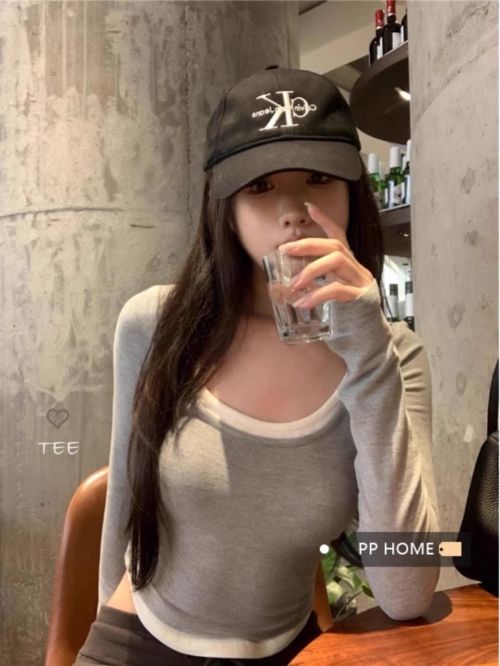 MR Ribbed Fleece Basic Versatile Faux Two-Piece Brushed Top, Autumn Slim Fit Short Style Inner Layer