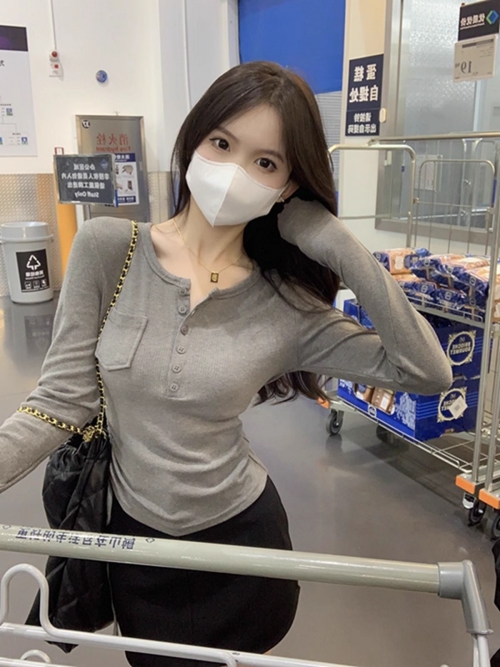 MR Korean Style Slim Fit T-Shirt for Women, Autumn, Drawstring Button Design, Stylish and Slimming