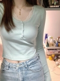 Lace Ribbed Long-Sleeve T-Shirt for Women, Autumn/Winter 2023 New Style, Base Layer, Inner Wear, Pure and Sexy Slim Fit Short Top