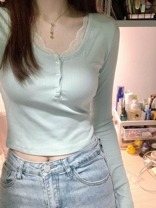 Lace Ribbed Long-Sleeve T-Shirt for Women, Autumn/Winter 2023 New Style, Base Layer, Inner Wear, Pure and Sexy Slim Fit Short Top Lace Ribbed Long-Sleeve T-Shirt for Women, Autumn/Winter 2023 New Style, Base Layer, Inner Wear, Pure and Sexy Slim Fit Short Top