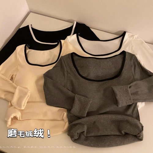MR [with bra pads] Gray long-sleeved square neck T-shirt for women, autumn and winter, slim fit, inner layer, fleece-lined and thickened.