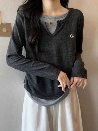 MR Ribbed Velvet Faux Two-Piece Long-Sleeve T-Shirt Base Layer Women's Autumn and Winter Plus Size Slimming Stylish Top with Straight Shoulders