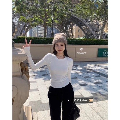 MR Ribbed Velvet White Thickened Long-Sleeve T-Shirt for Women, Spring and Autumn Fashionable Slim Fit Inner Layer Base Shirt