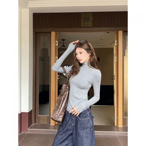 MR Casual Pure and Alluring Style Long-Sleeved Slim-Fit High-Neck T-Shirt Women's Clothing Early Autumn Slim Fit Gray Top