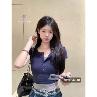 Women's Summer Retro Chic Short-Sleeve T-Shirt with Button-Down Design, Faux Two-Piece Style, Slim Fit, Unique Short Top. Women's Summer Retro Chic Short-Sleeve T-Shirt with Button-Down Design, Faux Two-Piece Style, Slim Fit, Unique Short Top.