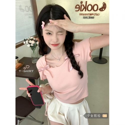 260g rayon, original design, square neck, straight shoulders, short-sleeved, summer short style, stylish, slim fit, sweet and spicy.