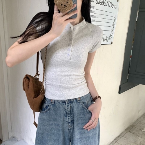 MR Modal rayon 260g half-open neck T-shirt, ribbed top, slim fit, pleated, sexy.