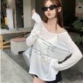 MR [Bamboo Ribbed] Korean Style Lazy White Letter Long Sleeve Women's Off-Shoulder Loose Thin Sun Protection Cover-up