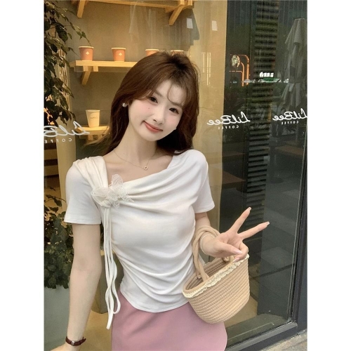 MR Modal rayon 260g design irregular T-shirt for women, sweet and spicy, slim fit.