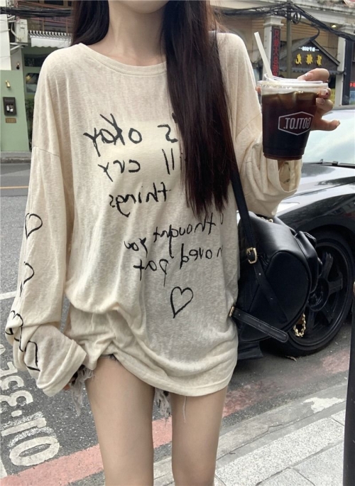 MR Bamboo Striped Lazy Letter Print Long-Sleeve T-Shirt Women's Loose Thin Sun Protection Shirt Air Conditioning Cover-Up