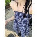 MR [Original Color-Woven Plaid] Korean Style Blue Plaid Strapless Vest for Women, Sweet A-line Skirt