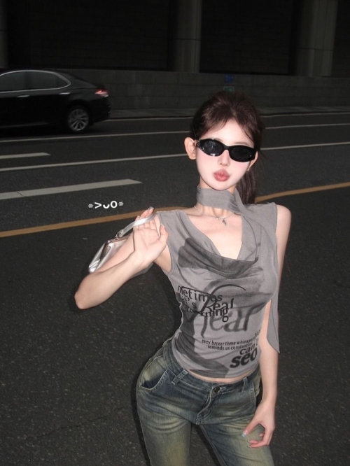 MR Original Style Letter Print Gray Vest T-Shirt for Women, Summer, Slimming, Sexy, Sleeveless, Short