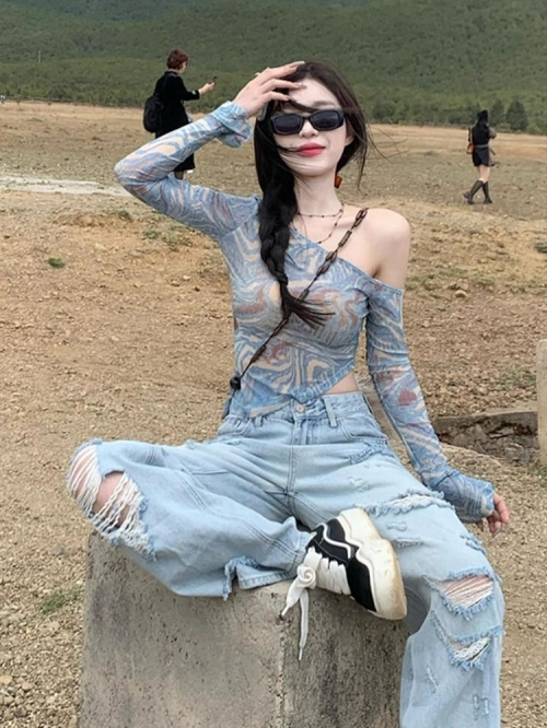 MR Original Fabric American Retro Tie-Dye Mesh Sunscreen Cover-Up Top Women's Thin Summer Off-Shoulder Hot MR Original Fabric American Retro Tie-Dye Mesh Sunscreen Cover-Up Top Women's Thin Summer Off-Shoulder Hot